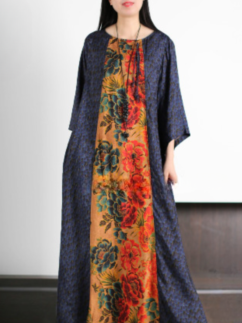 Blue Round Neck Floral Panel Tie Neck Loose Kaftan Maxi Dress