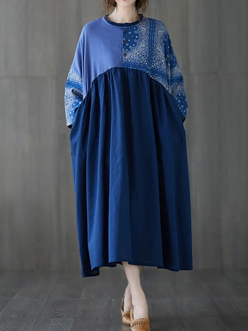 Ruffle Collar Paisley Patchwork Pleated Long Sleeve Smock Maxi Dress