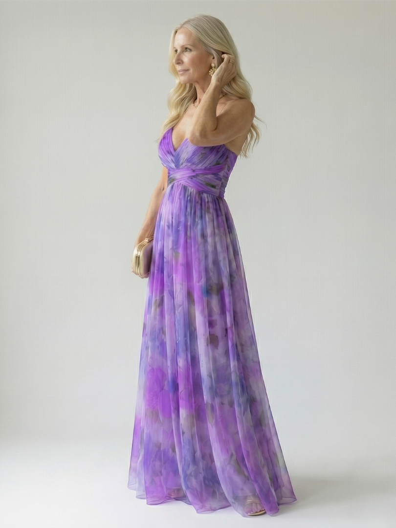 Spaghetti Strap V-Neck Floral Print Pleated Tulle Maxi Gown 15
