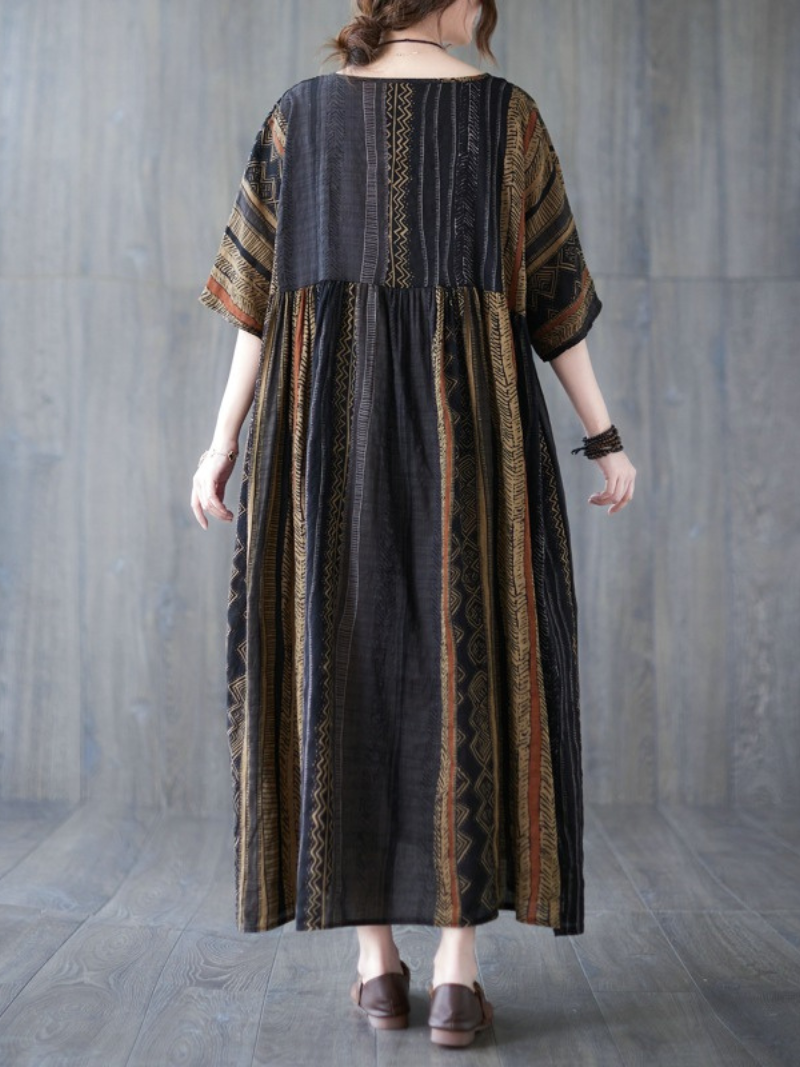 Multi Color Round Neck Ethnic Stripe Print Pleated Smock Cotton Midi Dress