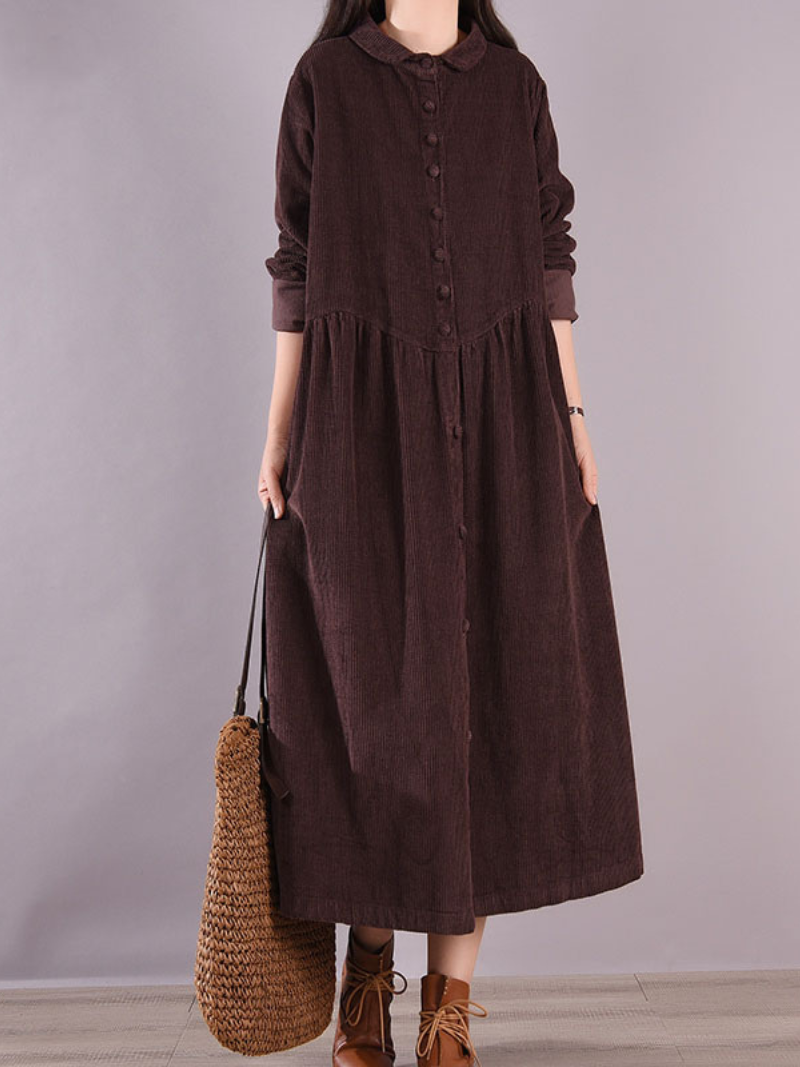 Peter Pan Collar Long Sleeve Button Front Corduroy Midi Dress 3