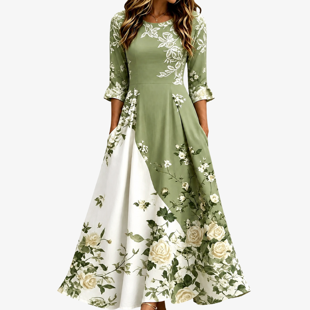Round Neck Floral Contrast Bell Sleeve Flared Maxi Dress