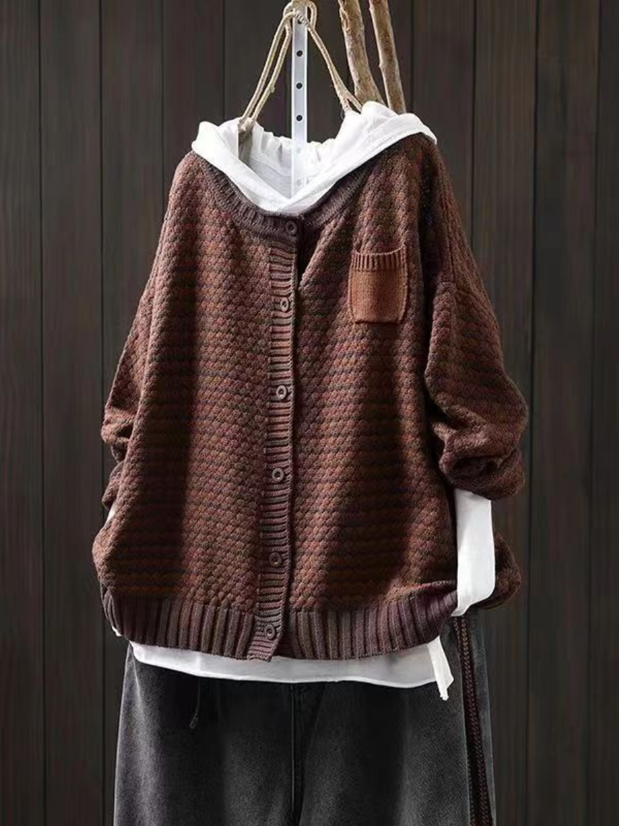 Round Neck Textured Knit Button Front Pocket Cardigan