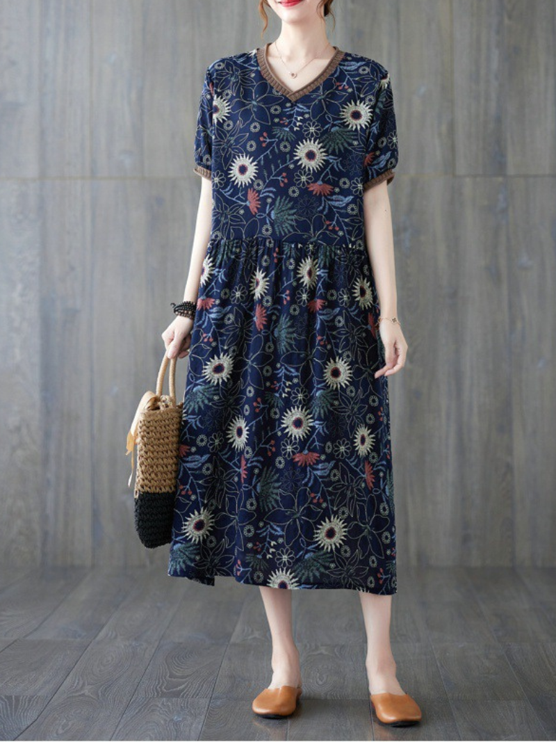 Multicolor V-Neck Short Sleeve Floral Print Pleated Loose Smock Midi Dress 2