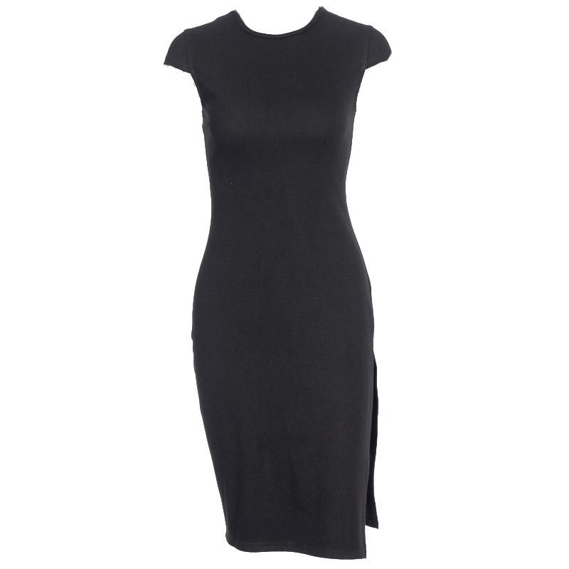 Mock Neck Cap Sleeve Ribbed Knit High Slit Bodycon Midi Dress