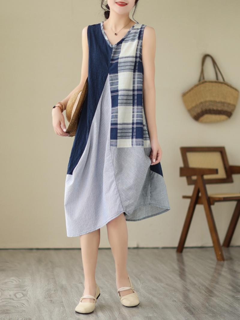 V-Neck Sleeveless Plaid Patchwork Cotton A-Line Midi Dress