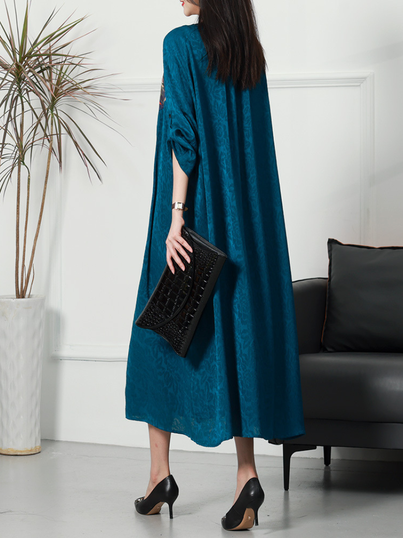 Round Neck Printed Yoke Half Sleeve Jacquard A-Line Maxi Dress 6