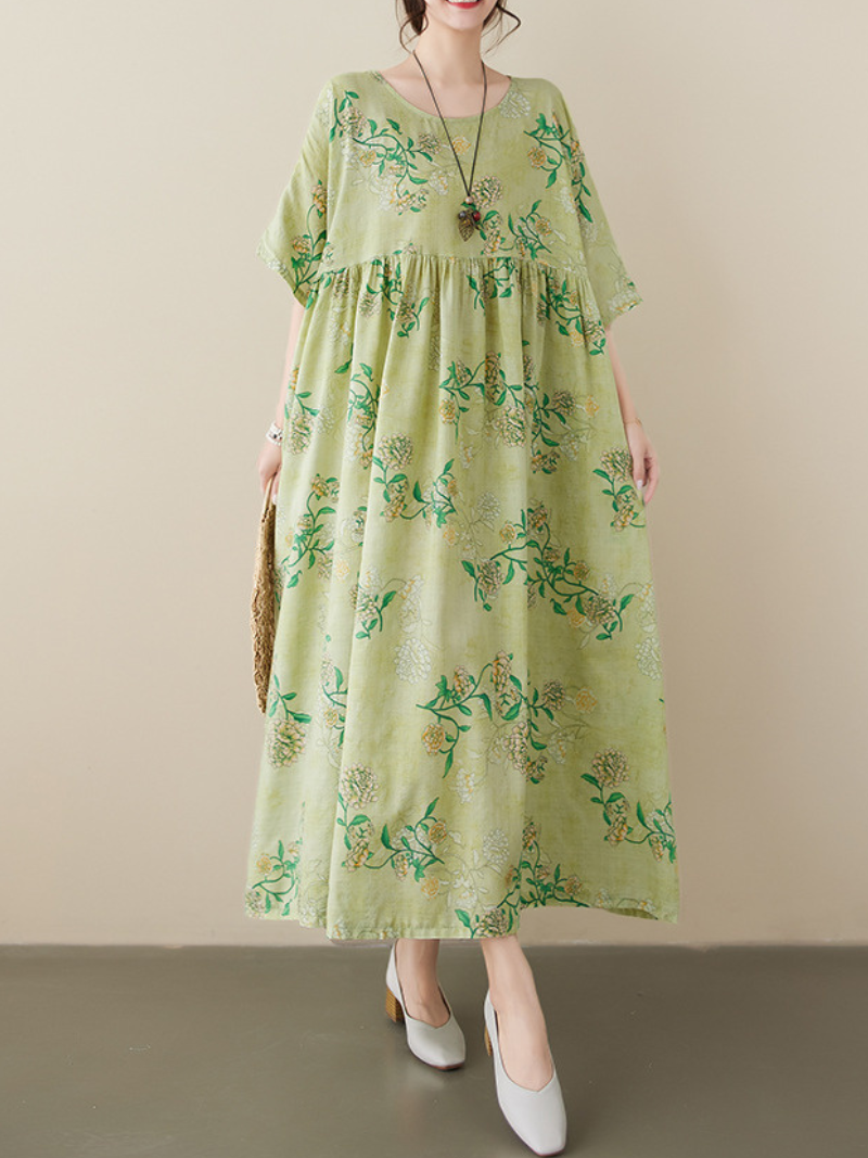 Green Round Neck Short Sleeve Ditsy Floral Smock Midi Dress