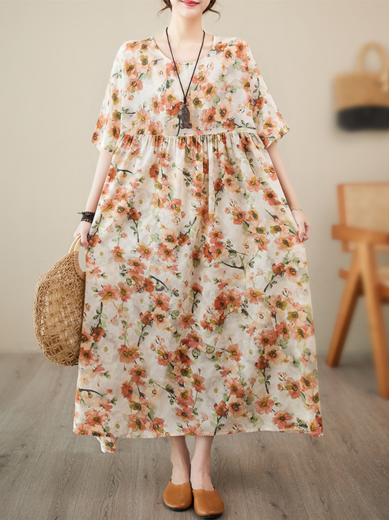 Multi Color Round Neck Short Sleeve Watercolor Floral Smock Loose Maxi Dress