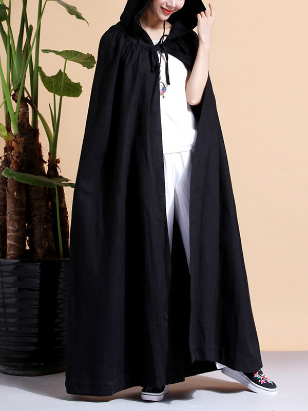 Hooded Open Front Linen Long Cape Coat