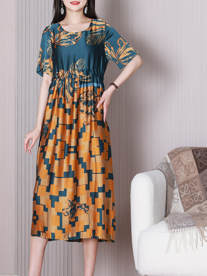 Round Neck Floral Geometric Print Short Sleeve Drawstring A-Line Midi Dress