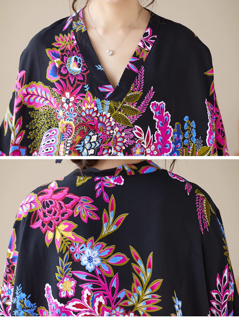 V-Neck Floral Paisley Print Batwing Sleeve Kaftan Maxi Dress 4