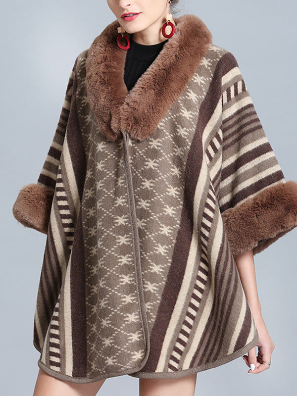 Faux Fur Collar Striped Aztec Print Cape Cardigan 16