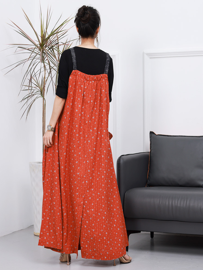 Orange Strap Floral Print Side Pocket Pinafore Maxi Dress