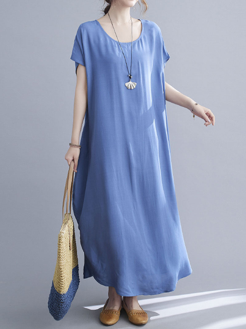 Round Neck Short Sleeve Loose Cocoon Maxi Dress 34