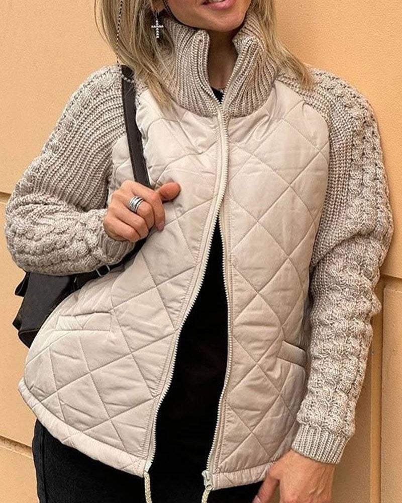 Stand Collar Zip Front Quilted Cable Knit Sleeve Jacket
