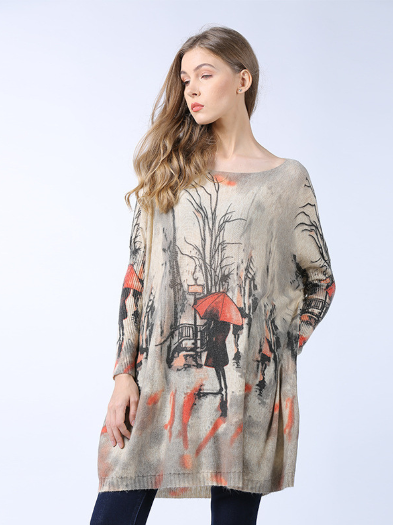 Khaki Boat Neck Batwing Sleeve Scenic Print Loose Knit Tunic Sweater 3