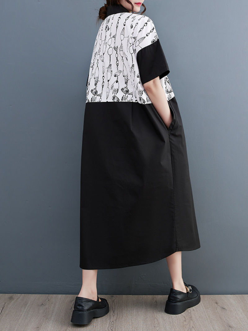 Collared Button Front Abstract Print Short Sleeve Shirt Midi Dress 3