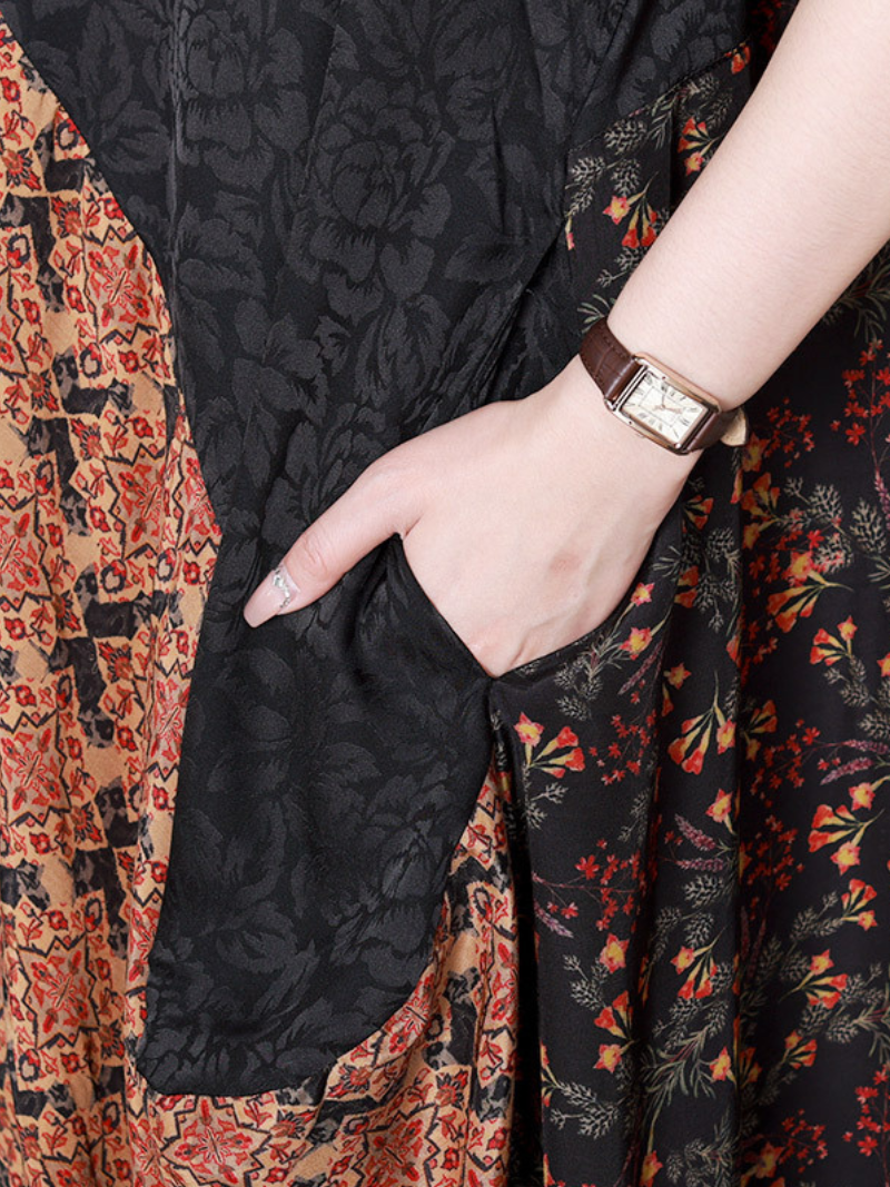 Black V-Neck Floral Patchwork Short Sleeve Asymmetric A-Line Midi Dress 2