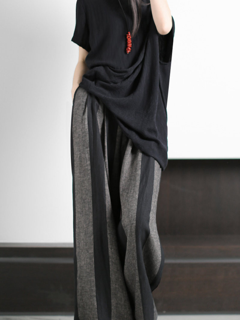 Black Round Neck Short Sleeve Top Striped Wide-Leg Pants Set 3