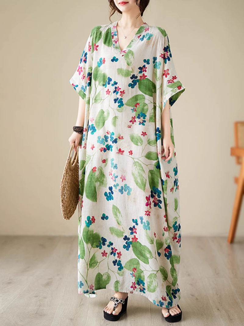 V-Neck Watercolor Floral Short Sleeve Loose Kaftan Maxi Dress
