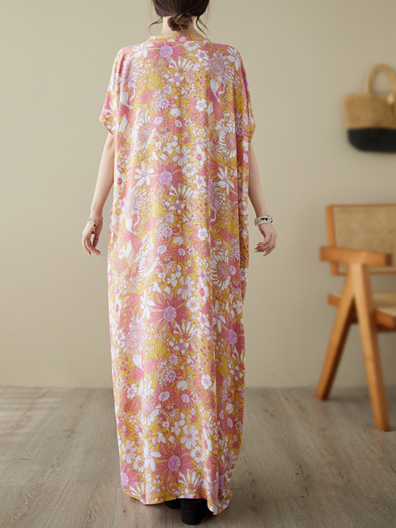 Pink V-Neck Floral Print Short Sleeve Loose Maxi Dress 2