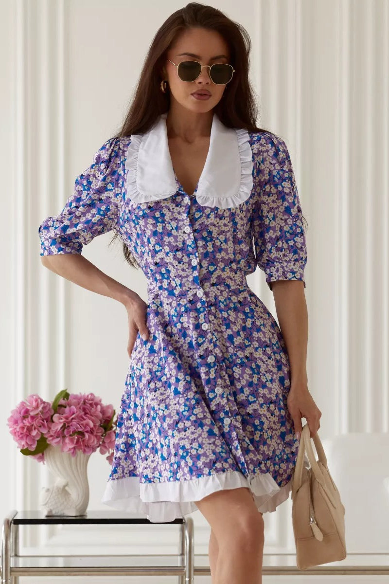 Purple Oversized Peter Pan Collar Puff Sleeve Ruffle Hem Ditsy Floral Mini Dress 6