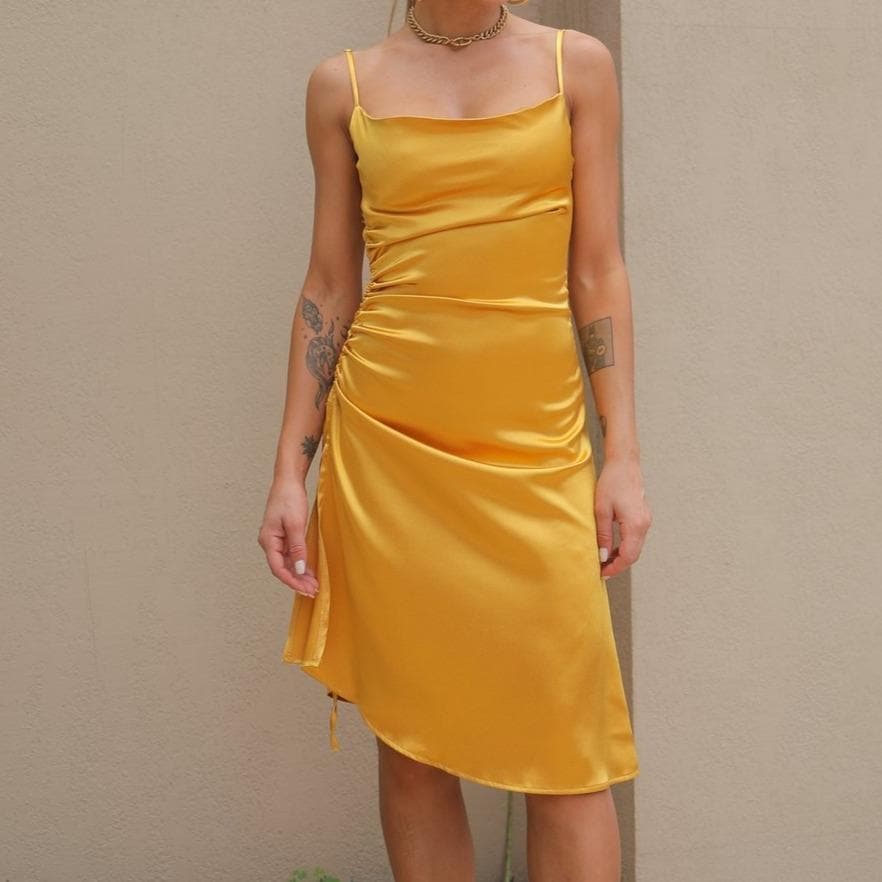 Cowl neck slit satin ruched midi dress