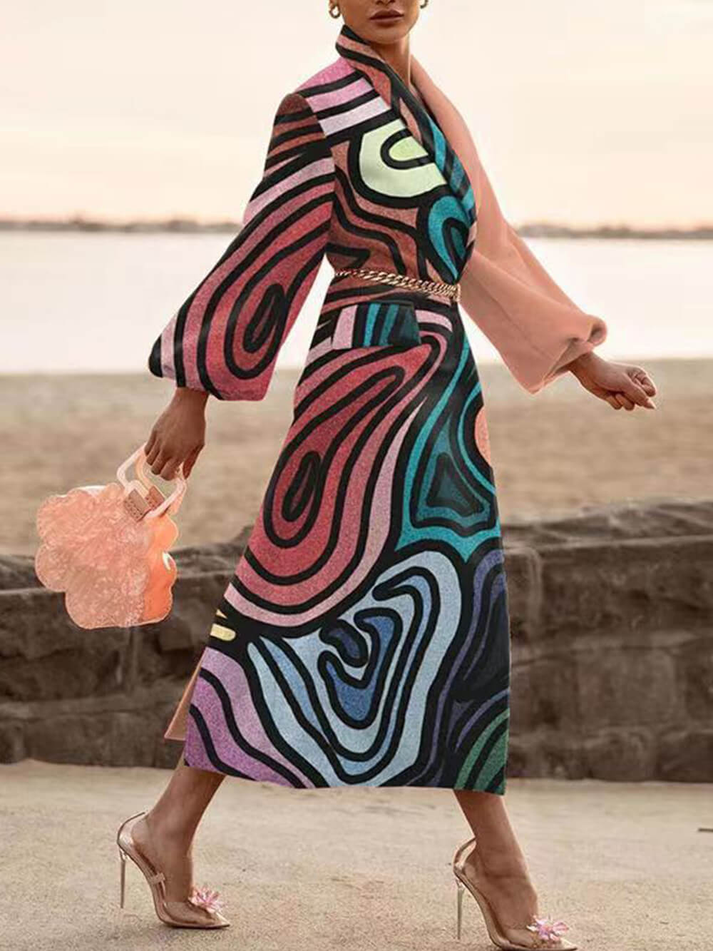 Shawl Collar Lantern Sleeve Geometric Print Belted Wrap Coat 2