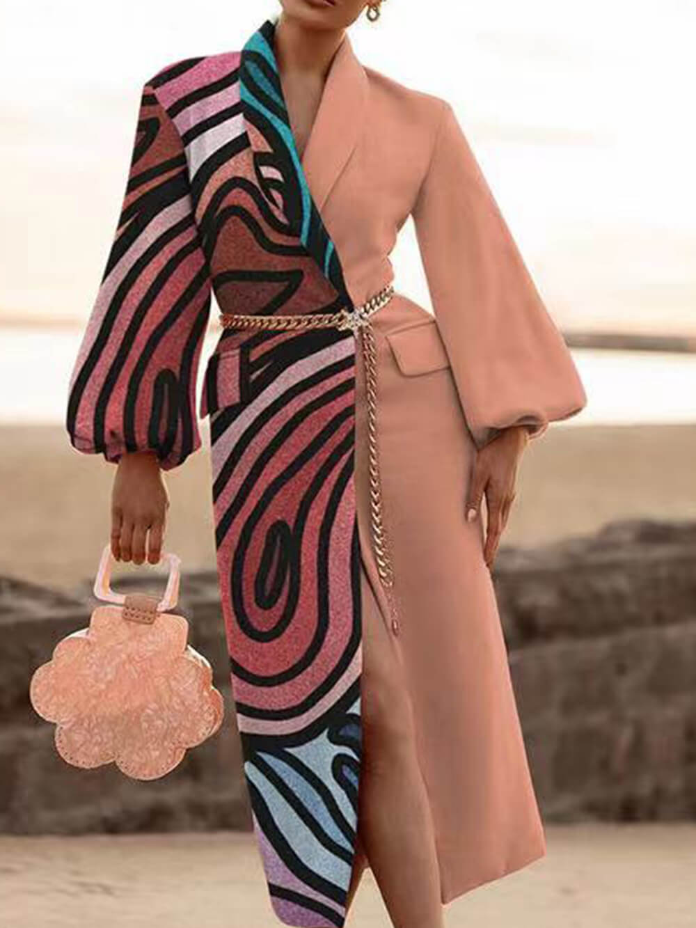 Shawl Collar Lantern Sleeve Geometric Print Belted Wrap Coat 3