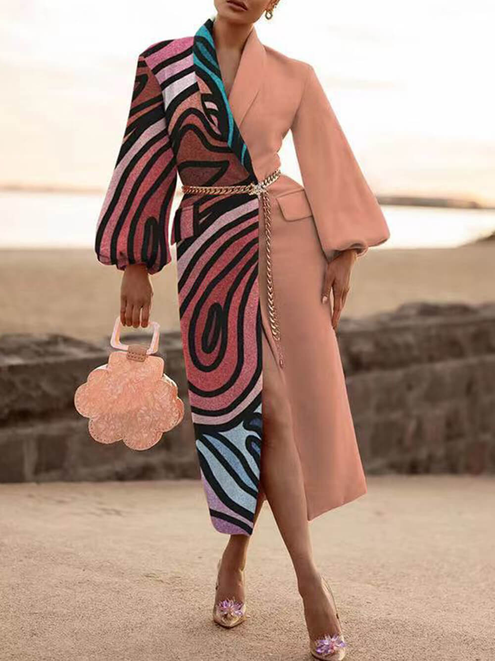 Shawl Collar Lantern Sleeve Geometric Print Belted Wrap Coat