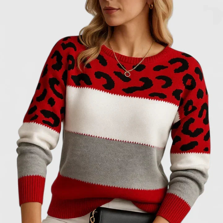 Round Neck Leopard Color Block Knit Long Sleeve Sweater 2