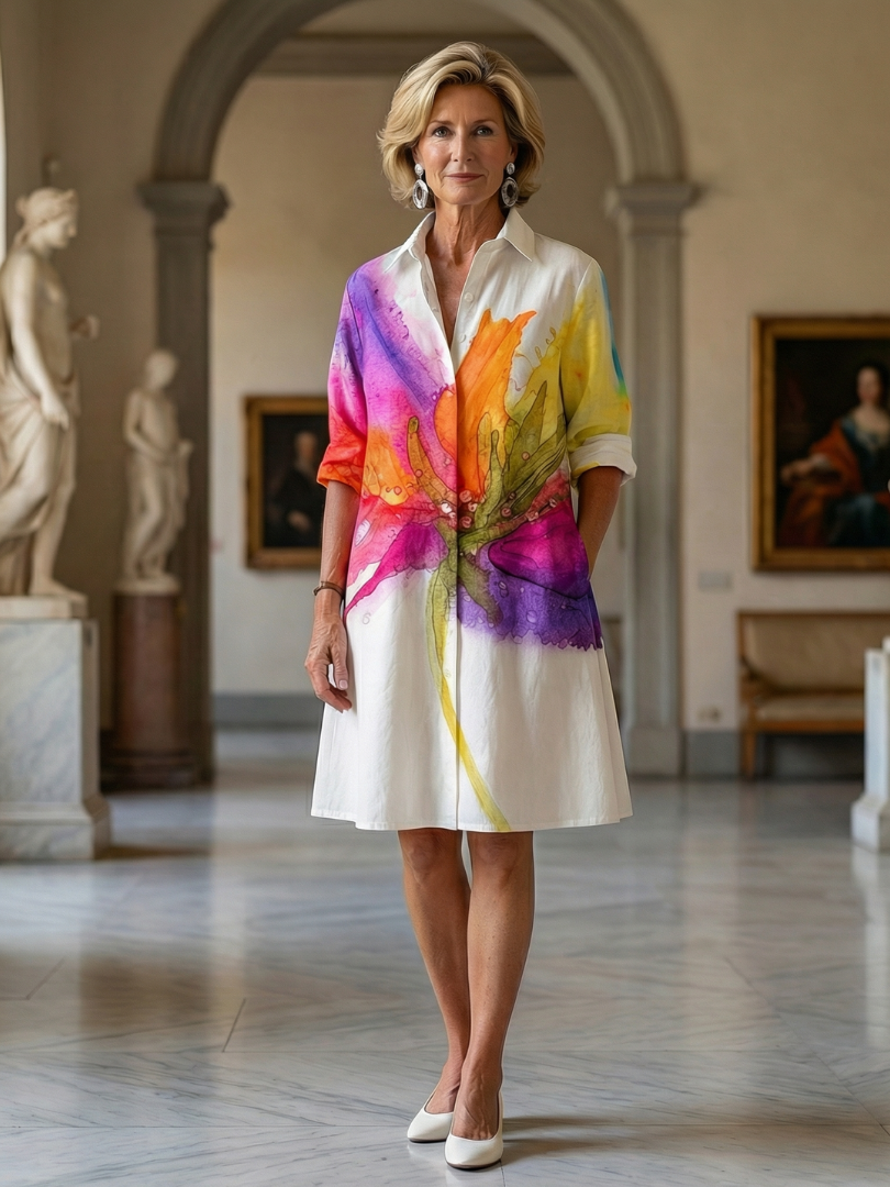 Multicolor Collared Watercolor Floral Rolled Sleeve Shirt Mini Dress