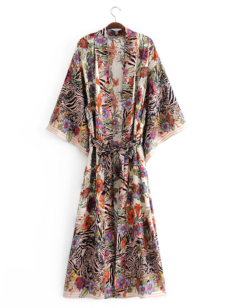 Black Floral Zebra Print Bohemian Belted Long Kimono Robe