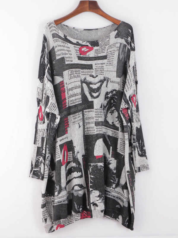 Boat Neck Batwing Sleeve Newspaper Print Oversized Knit Sweater 7
