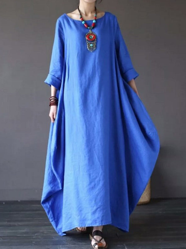 Round Neck Long Sleeve Loose Cotton Cocoon Maxi Dress