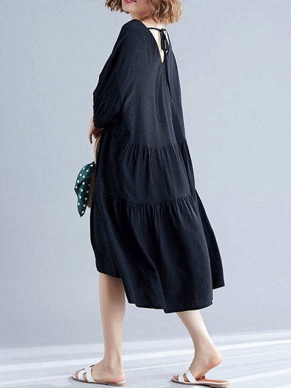 V-Neck Three-Quarter Sleeve Tiered Loose A-Line Midi Dress 3