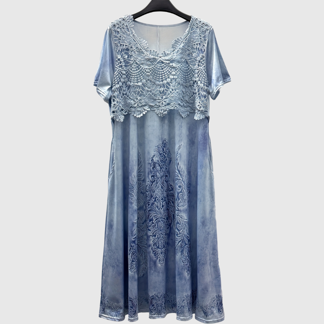 Crochet Lace Bodice Short Sleeve Floral Print Pocket Midi Dress