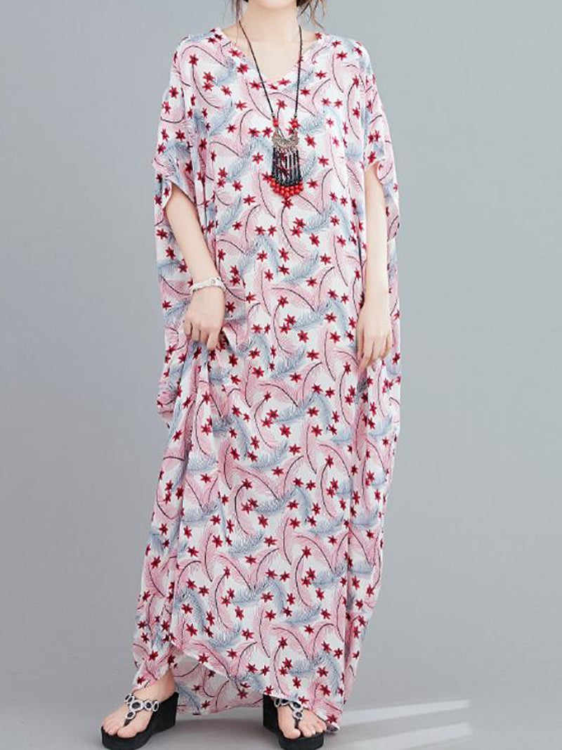 V-Neck Floral Print Batwing Sleeve Loose Kaftan Maxi Dress 5