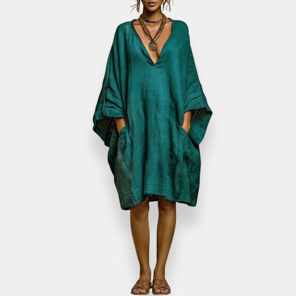 V-Neck Batwing Sleeve Linen Oversized Pocket Midi Dress