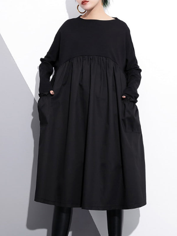 Black Round Neck Long Sleeve Pleated Pocket Smock Midi Dress