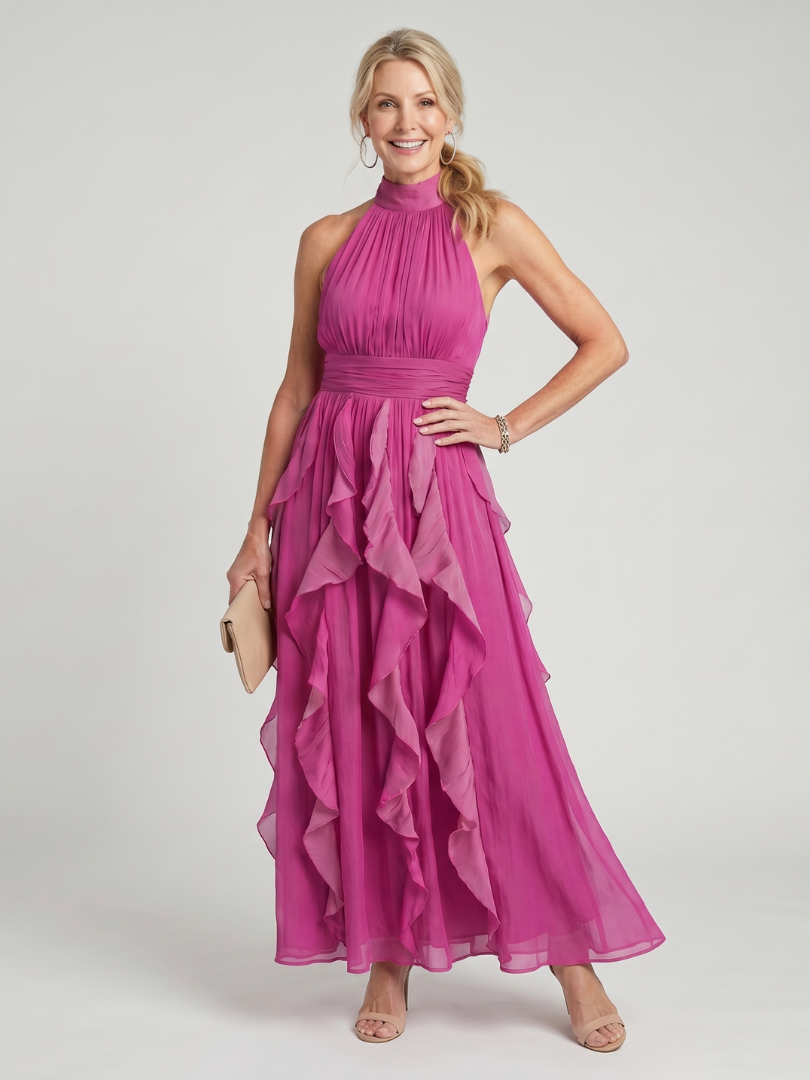 Pink High Neck Halter Sleeveless Cascade Ruffle Chiffon Maxi Gown