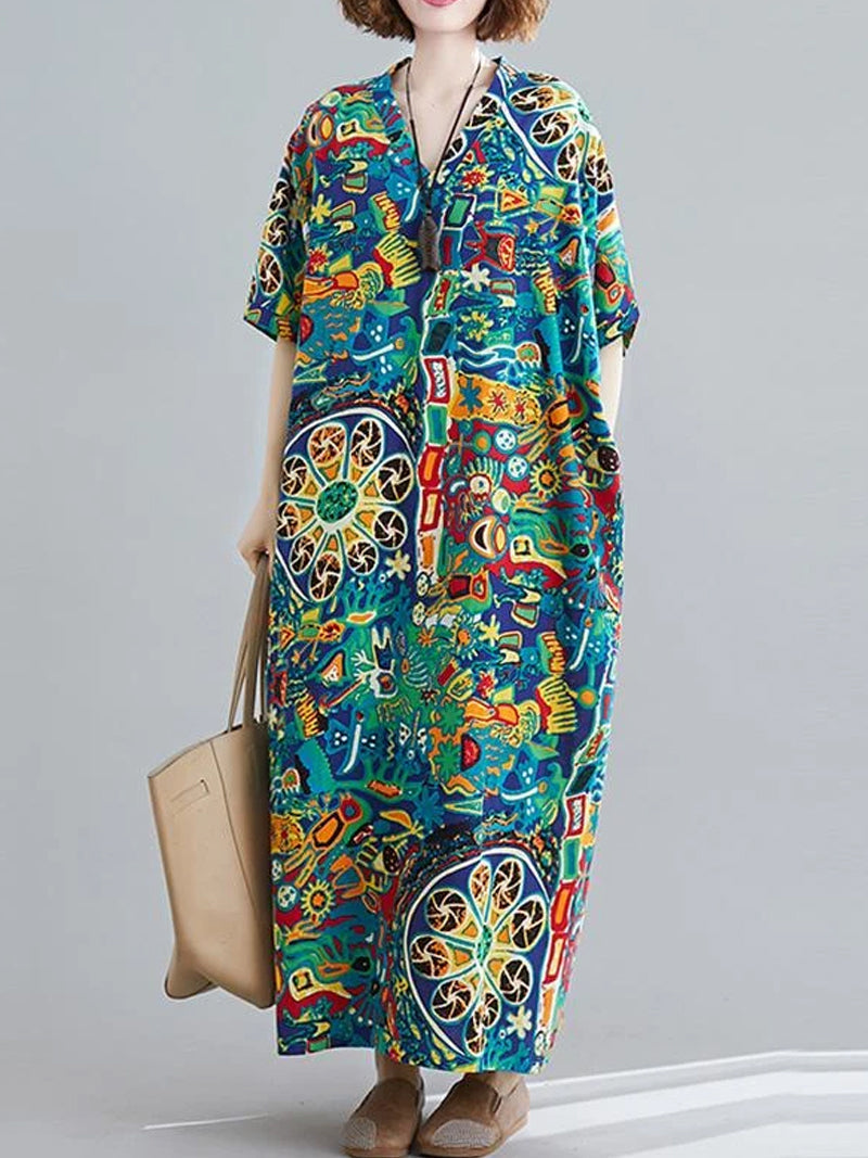 Multi Color V-Neck Abstract Print Short Sleeve Loose Kaftan Maxi Dress