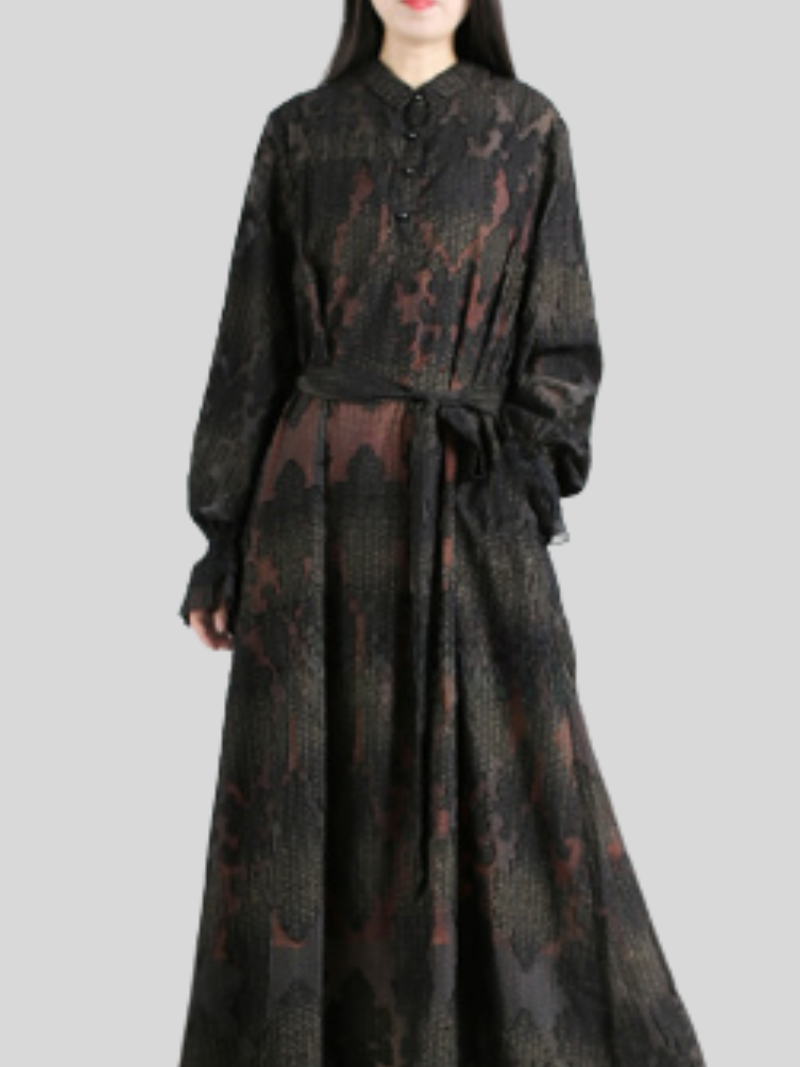 Black Stand Collar Abstract Print Tie Waist Long Sleeve A-Line Maxi Dress