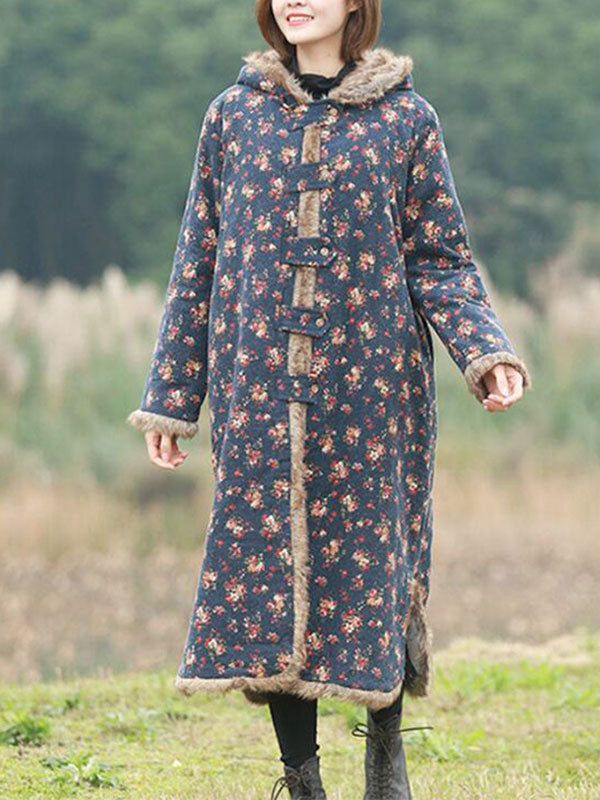 Navy Blue Hooded Floral Print Fur Trim Frog Button Long Coat