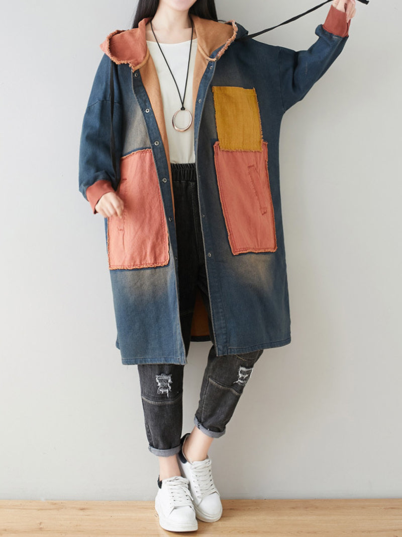 Blue Hooded Denim Colorblock Patch Pocket Button Long Line Coat
