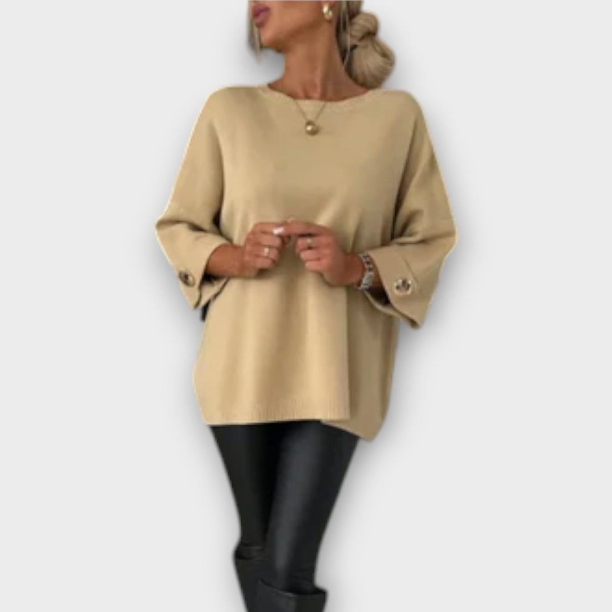 Round Neck Long Sleeve Button Cuff Oversized Knit Sweater