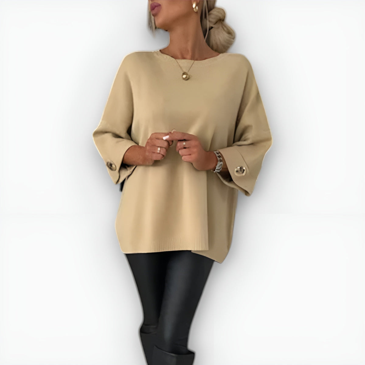 Round Neck Long Sleeve Side Button Oversized Knit Sweater