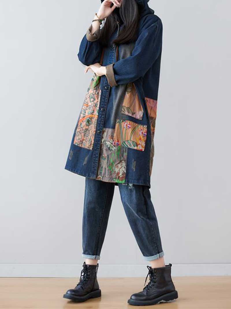 Navy Blue Hooded Patchwork Pocket Longline Denim Jacket 4