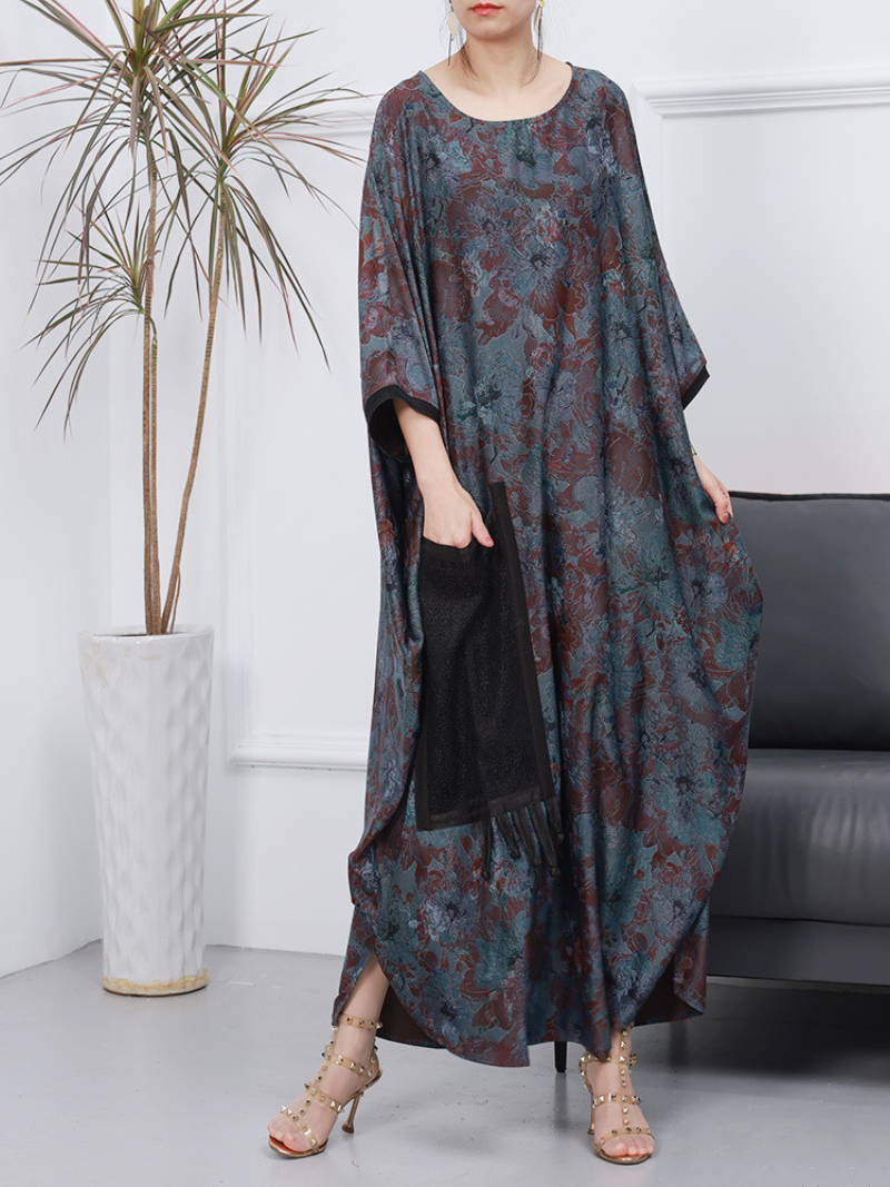 Blue Round Neck Floral Print Batwing Sleeve Loose Kaftan Maxi Dress